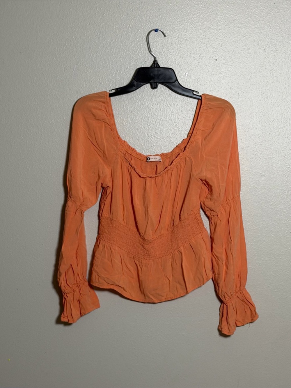 SO Women's Orange Ruffle Cuffs Long-Sleeve Peasant Blouse Smocked‎ size M